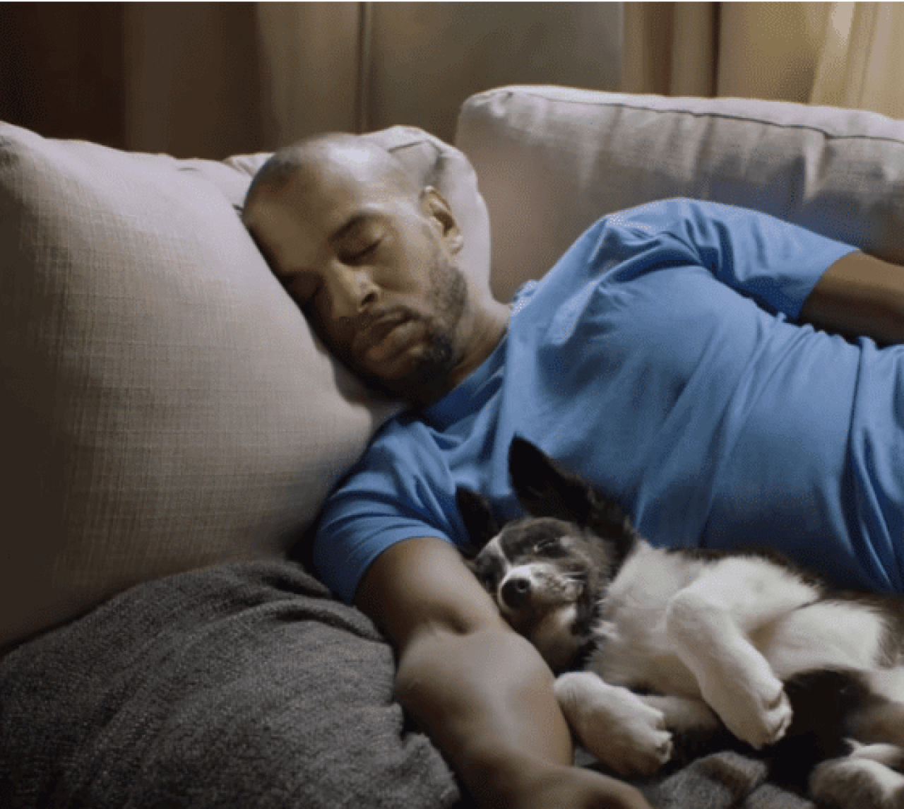 A person lying asleep beside a dog.