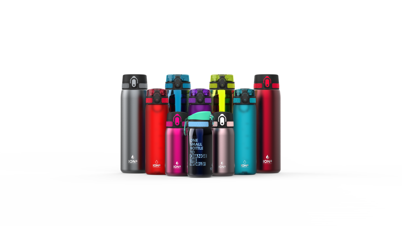 A large selection of water bottles from Ion8.
