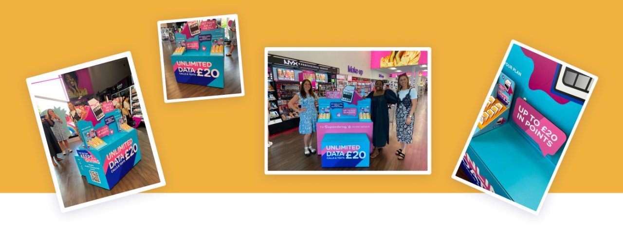 Group of images of superdrug stores with superdrug mobile merchandise.