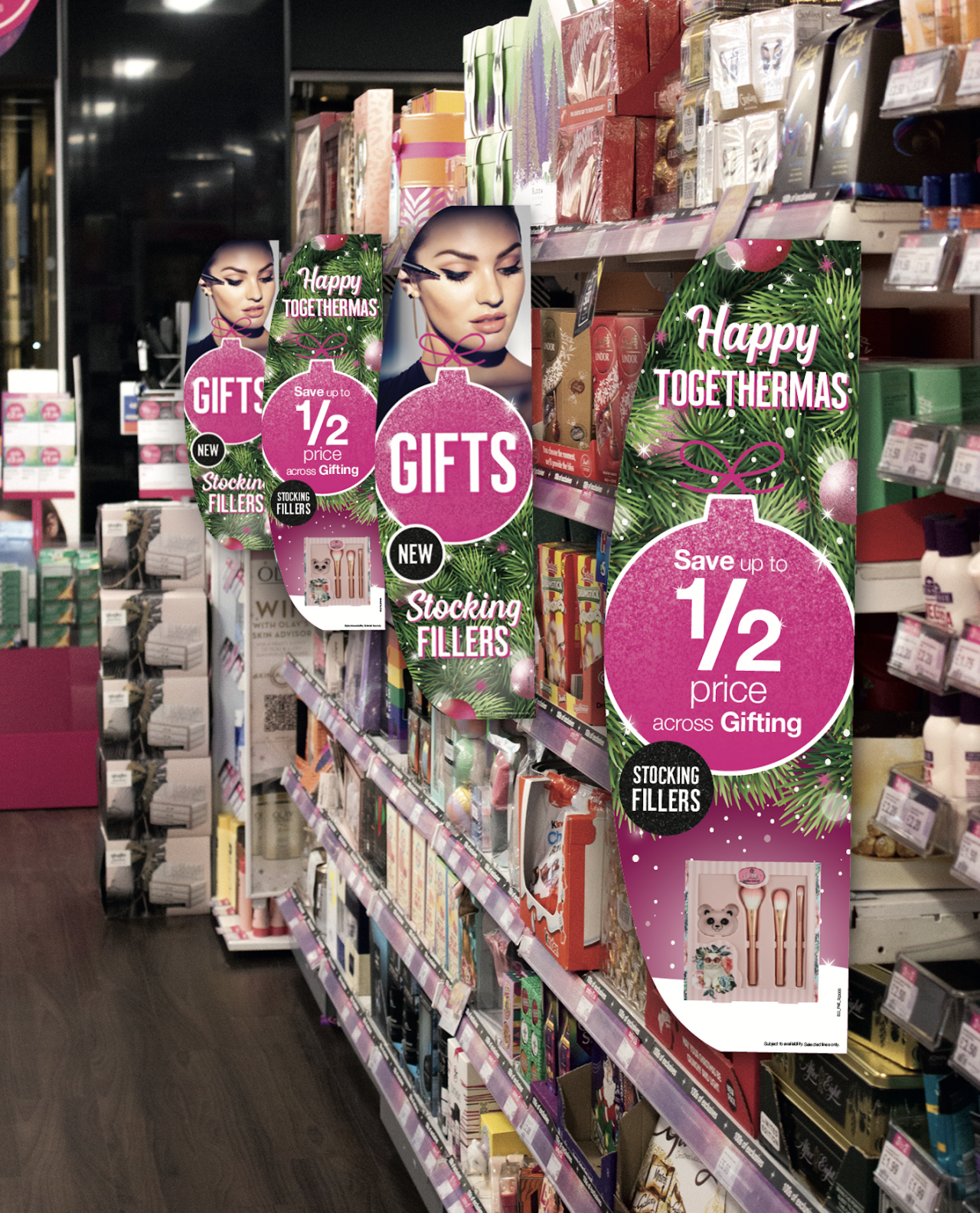 Superdrug Christmas retail display.